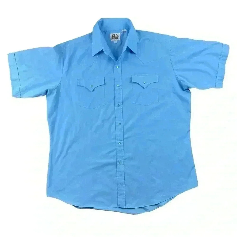 Ely Cattleman Blue Short Sleeve Solid Western Pearl Snap Button Down XL Shirt